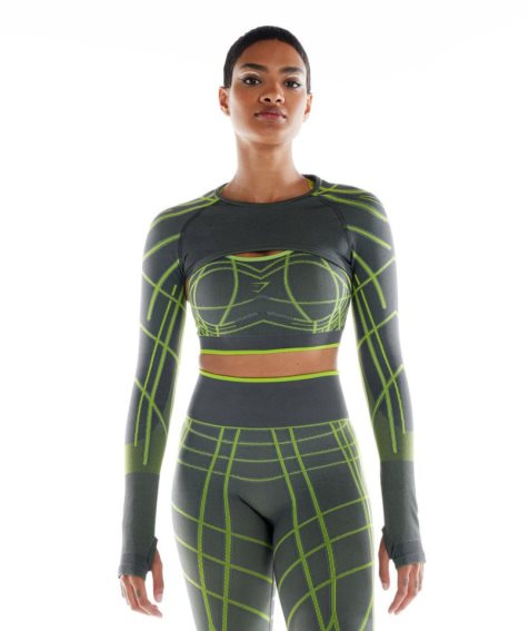 Women's Gymshark Wtflex Linear Seamless Long Sleeve Shrug Sweatshirts Green | CA 5763D0